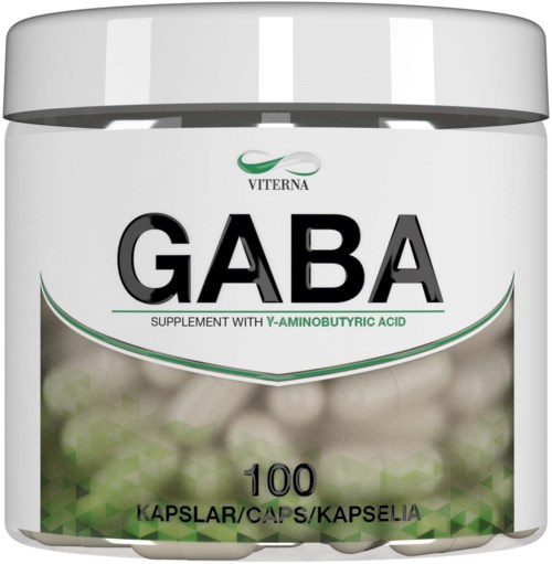 GABA-lisätensäilykepurkki, sisältää 100 kapselia, Viterna-merkitty, vihreää, valkoista ja mustaa väriä.