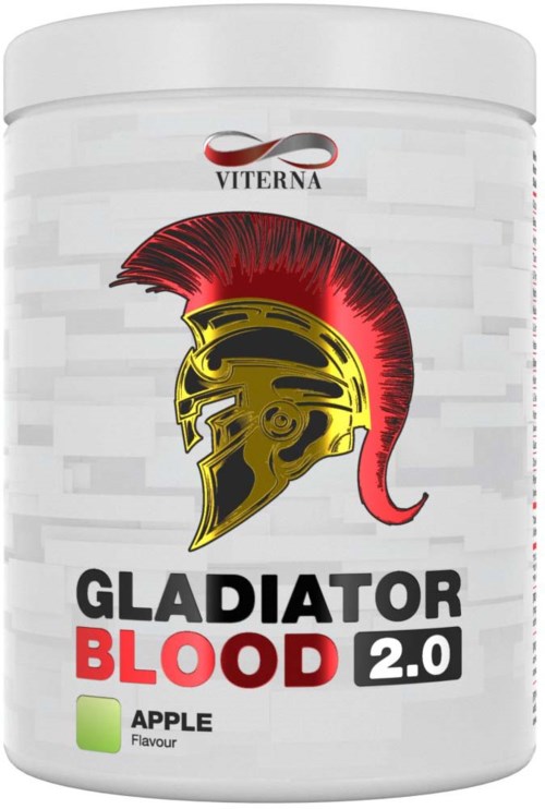 A white container with a gladiator helmet logo, black and red text says "Gladiator Blood 2.0," apple flavor, brand name Viterna.