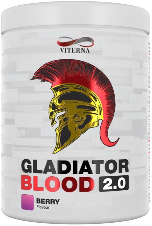 A white container with a logo of a gladiator helmet, product name 'Gladiator Blood 2.0', and berry flavor label.