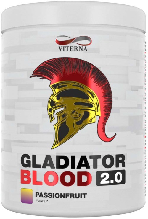A white container with a Spartan helmet logo, labeled Gladiator Blood 2.0, passionfruit flavor, and colorful design elements.