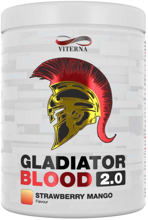A container of Gladiator Blood 2.0 supplement with strawberry mango flavor, showing a gladiator helmet and logo.