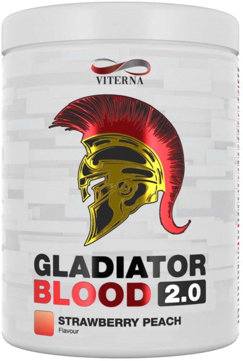 A container of Gladiator Blood 2.0 supplement in strawberry peach flavor with logo and label.