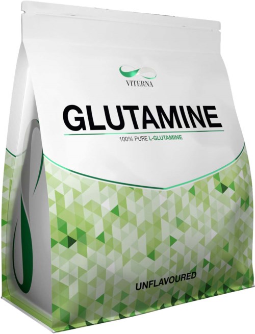 A white bag labeled 'GLUTAMINE' with green geometric patterns, showing it is unflavored and pure.