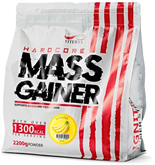 A white bag of muscle gain powder with red stripes, banana flavor, 2200g, supports muscle and weight gain, 1300 calories per serving.
