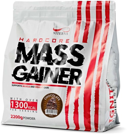 A white package with red and black text and stripes, labeled "Mass Gainer" and showing chocolate flavor and calorie info.