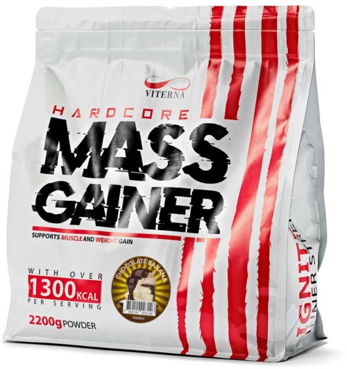A white packet of protein powder with red stripes, black bold text, and a gold emblem. It supports muscle gain with high calories.