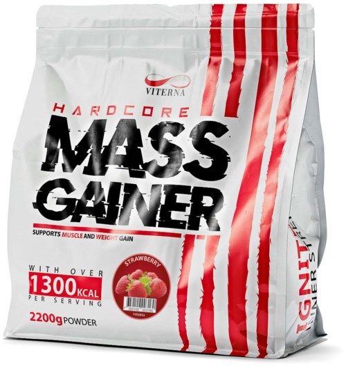 A white bag with red stripes, showing a sports supplement named Mass Gainer, supports muscle and weight gain.