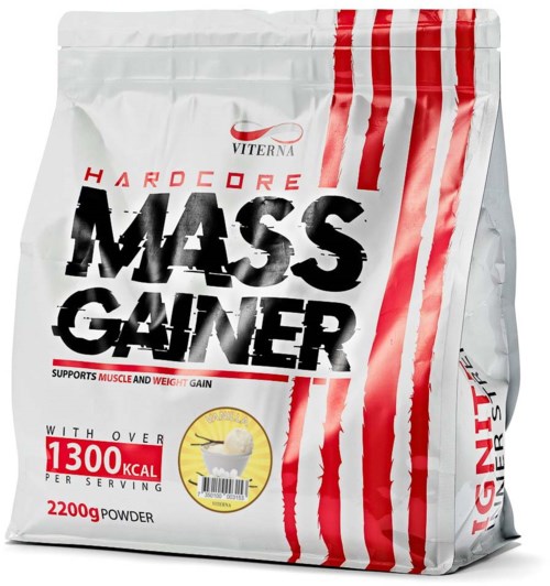 A white bag with red stripes and black bold text says 'Mass Gainer'. It supports muscle gain with over 1300 calories per serving.