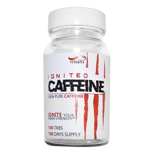 Eine Flasche Koffeintabletten mit weißem Etikett, rotem und schwarzem Text, einfaches Design.