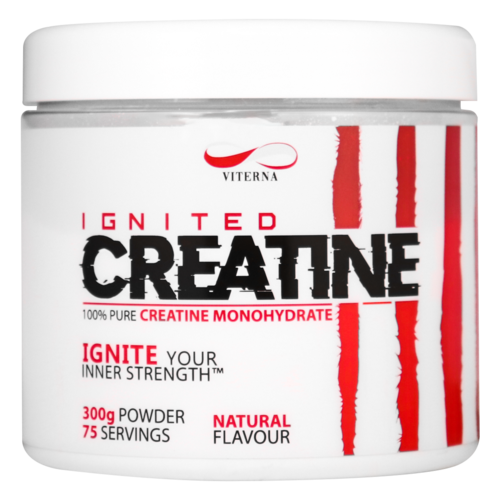 Valkoinen purkki synteettistä kreatiinilisää, mustaa ja punaista tekstiä sekä punaisia raitoja, merkinnöillä 'Viterna' ja 'Ignited Creatine.'
