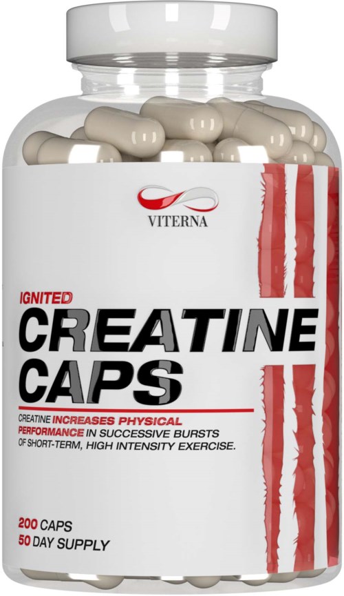 En flaska med Creatine-kapslar märkt för fysisk prestation av Viterna, med 200 kapslar för 50 dagar.