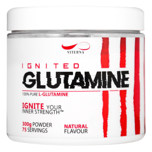 Red and white container with bold black and red text, says "Ignited Glutamine" and mentions natural flavor.
