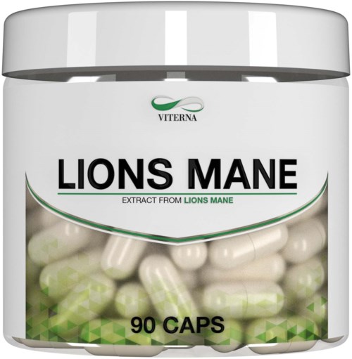 Pullo 90 kapselia nimeltä 'Lions Mane' aivoterveyteen, sisältää leijonanharjassieniä, selkeä pakkaus.