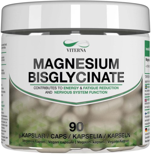 A white jar containing magnesium bisglycinate capsules, with green and black text highlighting benefits like energy and nerve health.