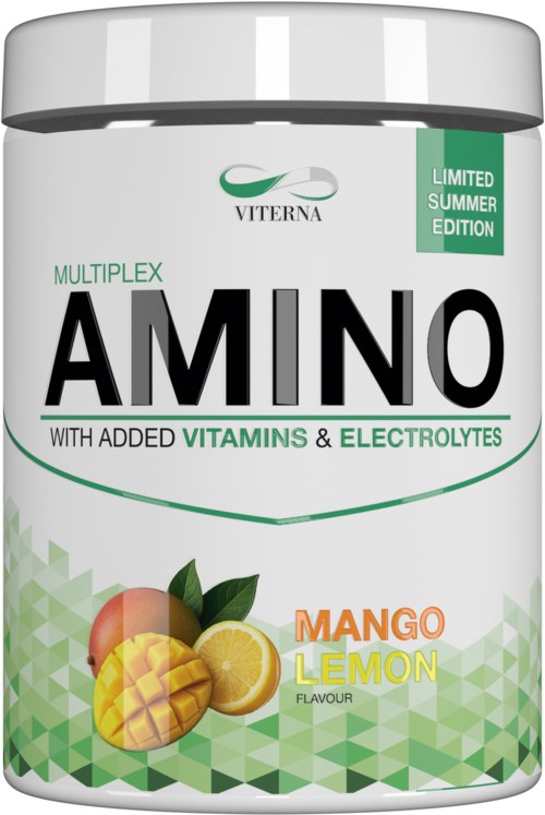 A container of amino supplement with mango lemon flavor, added vitamins, electrolytes, and summer edition label.
