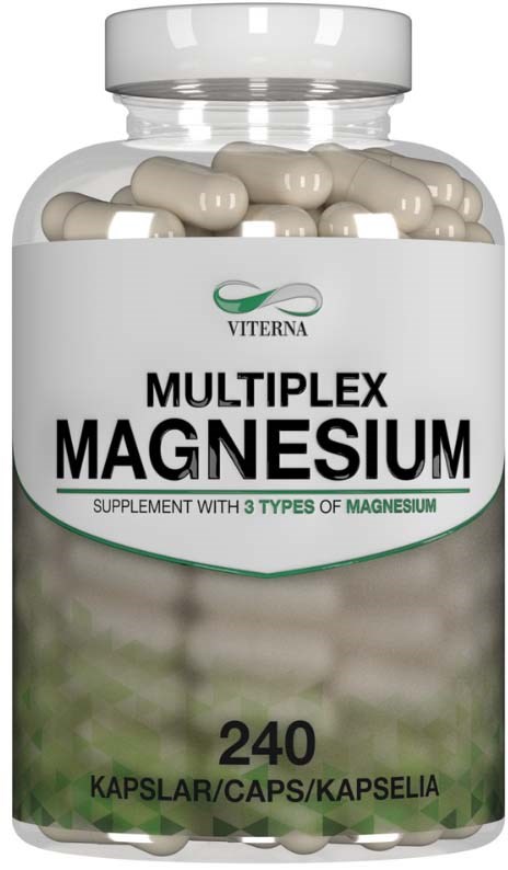 Pullo magnesium-kapseleita, 240 kappaletta, merkitty lisäravinteena, jonka sisältää kolme erilaista magnesiumia.