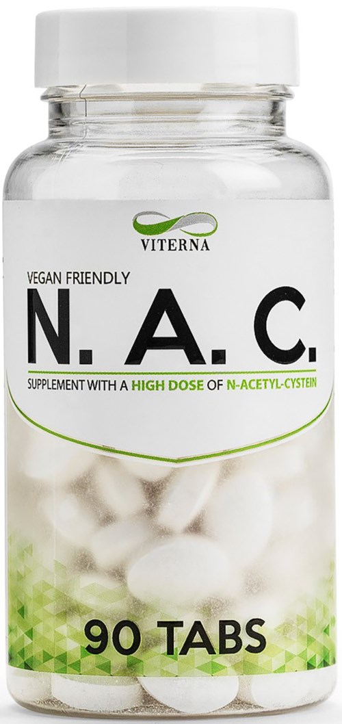 Veganes Nahrungsergänzungsmittel namens NAC mit 90 Tabletten, in einer transparenten Flasche mit weißem Deckel, etiketti in Grün und Schwarz.