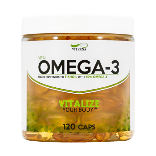 Viterna Omega-3 supplement in a white jar. Contains 120 capsules, labeled as fish oil with 70% omega-3. Green and black text.
