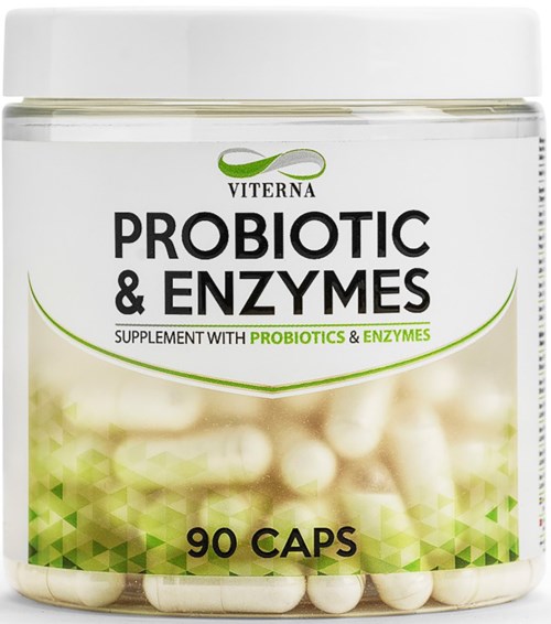 Behållare med probiotic och enzymer tillskott med 90 kapslar, vit med gröna accenter och svart text.