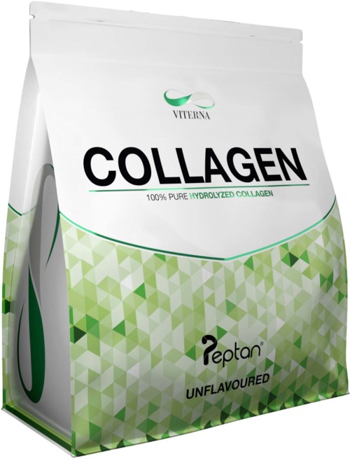 Valkoinen pussi, jossa lukee 'Collagen' vihreällä geometrisella kuvioinnilla, ilmaisee ettei ole makuja ja sisältää hydrolysoitua kollageenia.