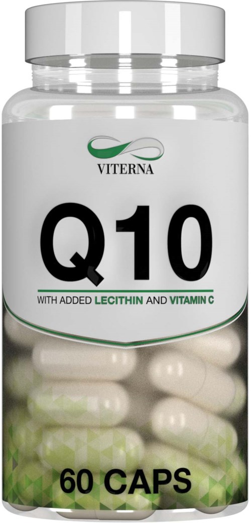 A supplement bottle labeled Q10 with added Lecithin and Vitamin C, containing 60 capsules.
