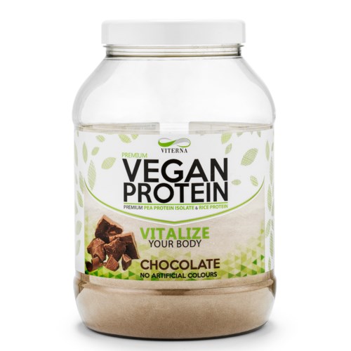Veganproteinpulver med sjokoladesmak, uten kunstige farger, fremmer helse, i hvit krukke med grønn etikett.