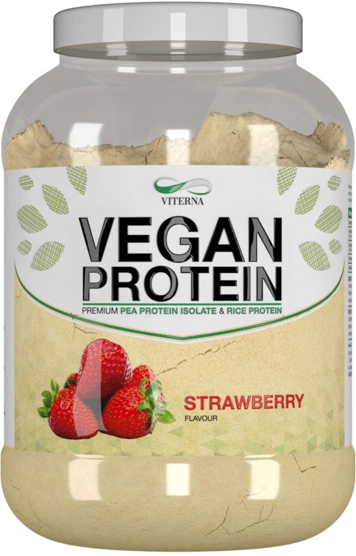 Vegaaniproteiinijauhe mangonmakuisena, pakkauksessa mansikoita, etiketti korostaa herne- ja riisiproteiinia.
