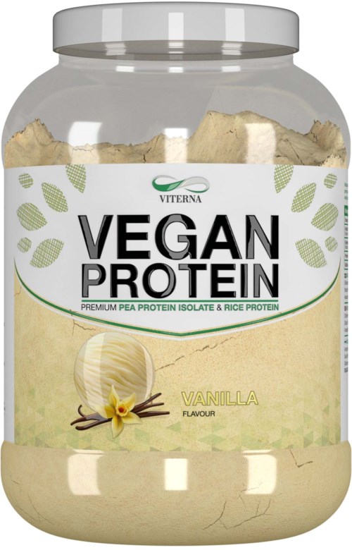 Vegan proteiinijauhe purkissa, vaniljan maku, vaniljatangon ja vaniljankukan kuva.