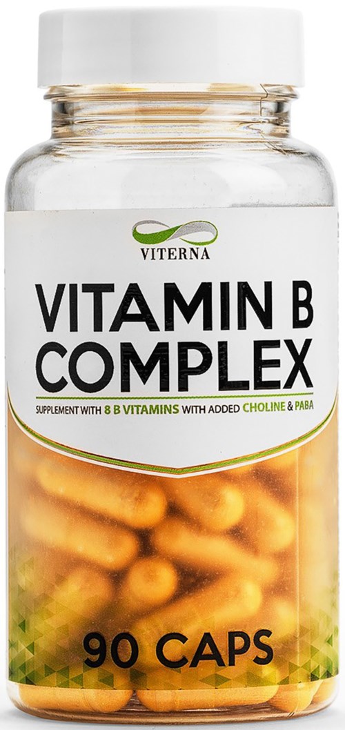 Läpinäkyvä pullo, jossa valkoinen kansi ja keltaisia kapseliä, merkitty B-vitamiini-kompleksiksi.