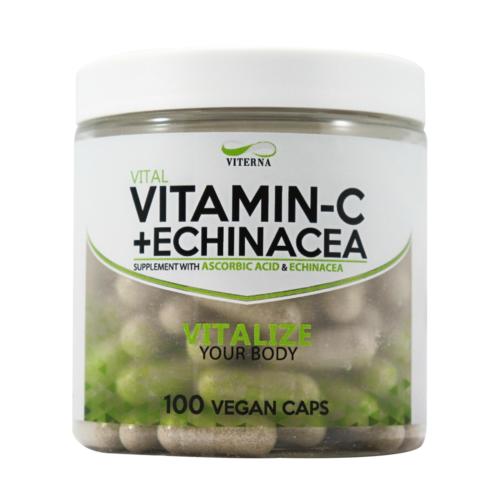 Pullo veganisti-kapseleita, joissa on C-vitamiinia, echinaceaa ja kasviuutteita terveydelle.