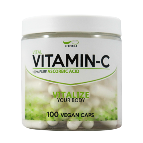 A container of vegan vitamin C capsules with green and white packaging, promoting health and vitality.