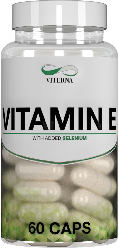 A supplement bottle labeled 'VITAMIN E' with added selenium, containing 60 capsules, has a white and green design.