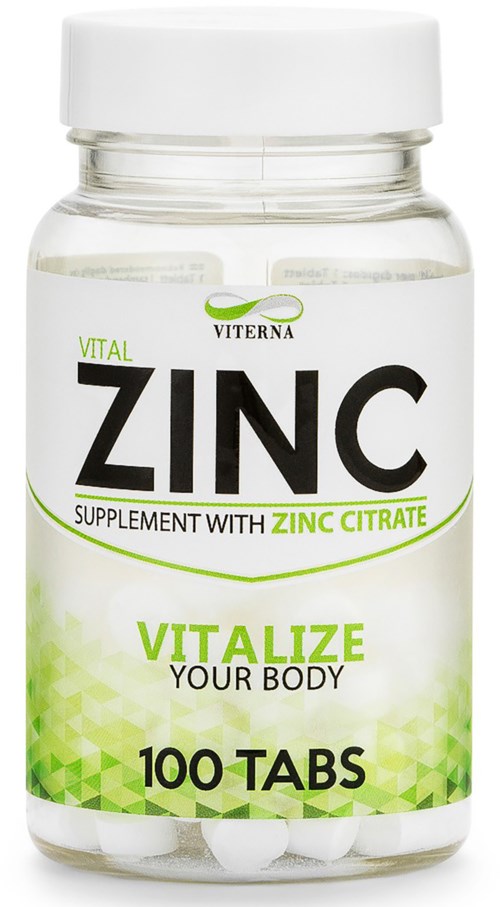 A bottle labeled 'Zinc', containing 100 tablets, with green and black text and a white cap.