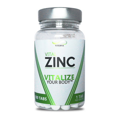 A bottle labeled 'Vital Zinc' contains 100 tablets, promoting health with the slogan 'Vitalize Your Body.'