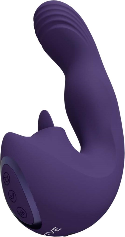 Ein lila, gebogener Sextoy mit Bedientasten am Boden und Rillen an der Spitze.