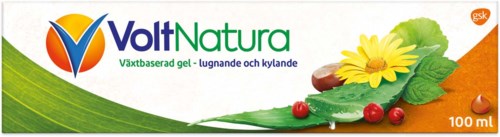 A tube of Volt Natura natural gel with green leaves, yellow flower, red berries, and orange background.