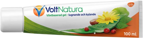 A tube of VoltNatura gel with plant-based ingredients, showing leaves, flowers, and berries on the packaging.