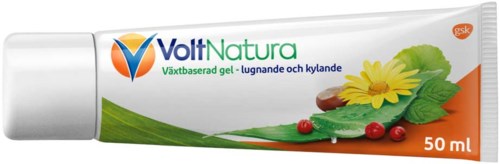 A 50 ml tube of VoltNatura gel with yellow flower, green leaves, and red berries, labeled as calming and soothing.