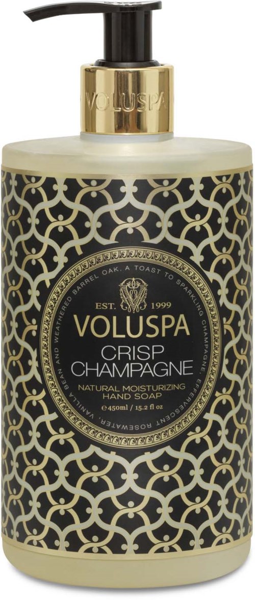 Eine Handseife mit schwarzen und goldenen Decor-Designs, beschriftet als Voluspa Crisp Champagne feuchtigkeitsspendende Handseife.