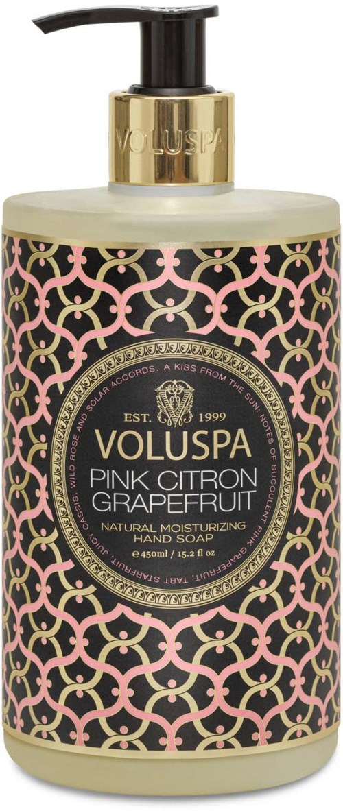 Etikett mit einem dekorativen rosa und schwarzen Muster, goldenen Akzenten und Text über Handseife mit pinker Zitrone Grapefruit.