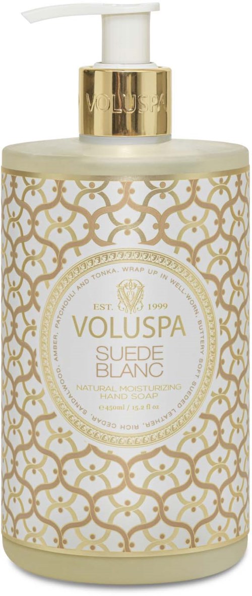 Eine luxuriöse Seifenflasche mit goldfarbenem und weißem Muster. Sie hat eine Pumpe zum Dosieren.