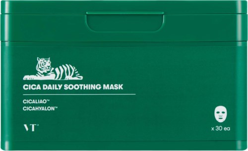 Groene doos met tijgerlogo, tekst over een kalmerend gezichtsmasker, en een kleine gezicht illustratie.