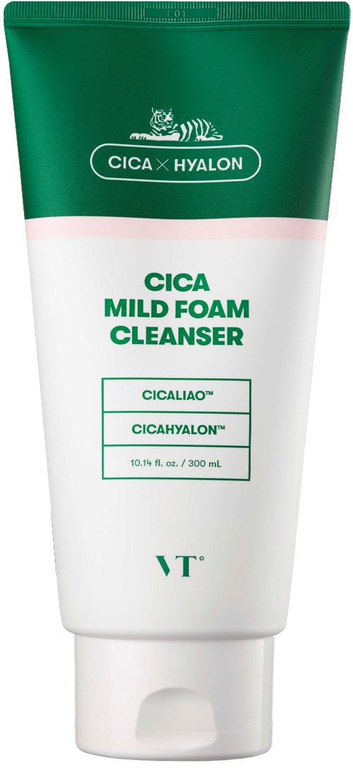 Een tube gezichtsreiniger met de tekst 'CICA Mild Foam Cleanser' in groen en wit, met ingrediëntinformatie.