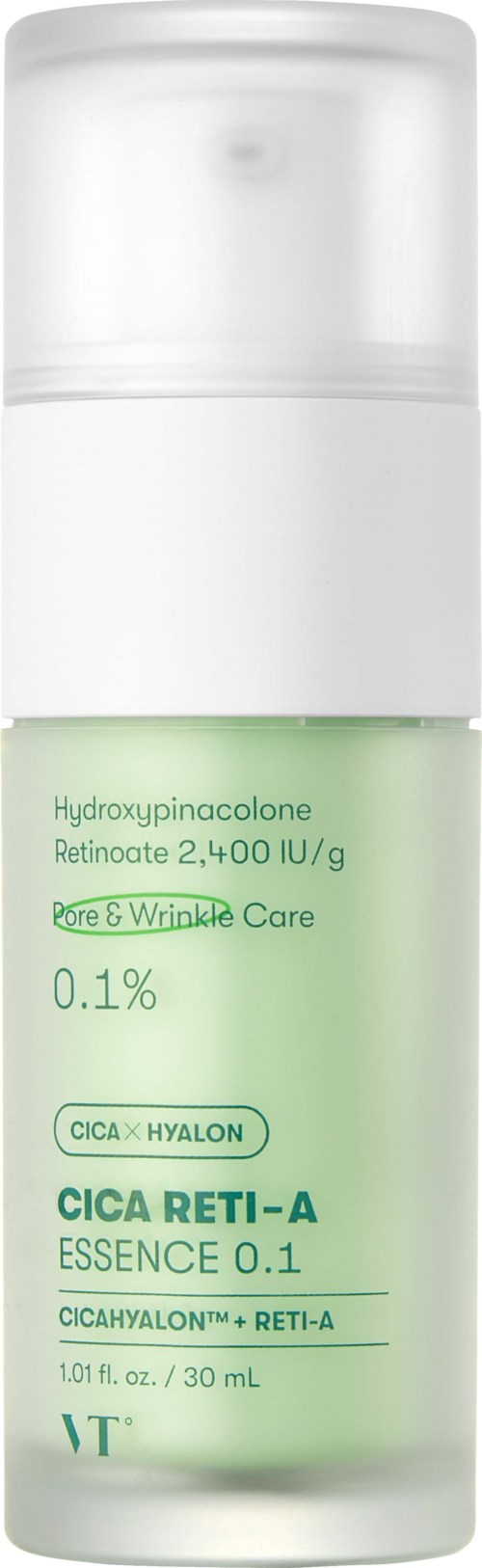 Een klein groen flesje met pomp, gelabeld voor huidverzorging met retinol en hyaluron, ontworpen om rimpels te verminderen.