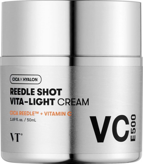 Een zilveren pot met de tekst 'Reedle Shot Vita-Light Cream' en ingrediënten Cica Reedel en vitamine C.