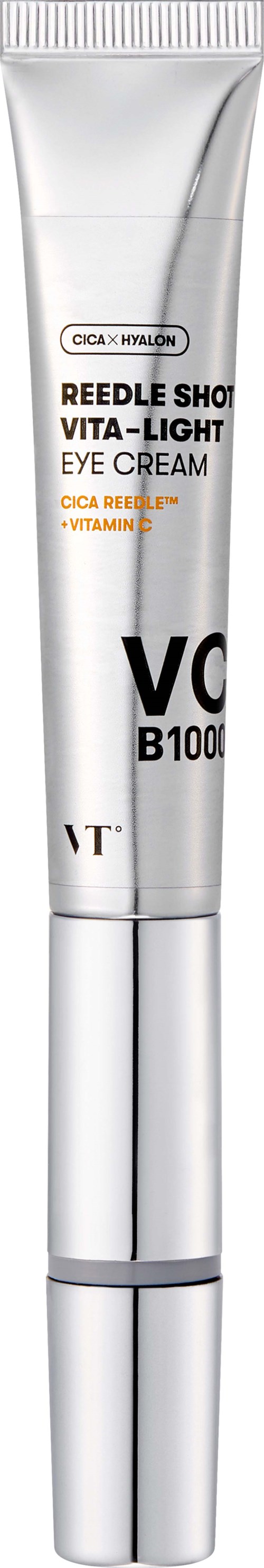 Een witte tube oogcrème met het label Reendle Shot Vita-Light, met oranje en zwarte tekst, staand in verticale positie.