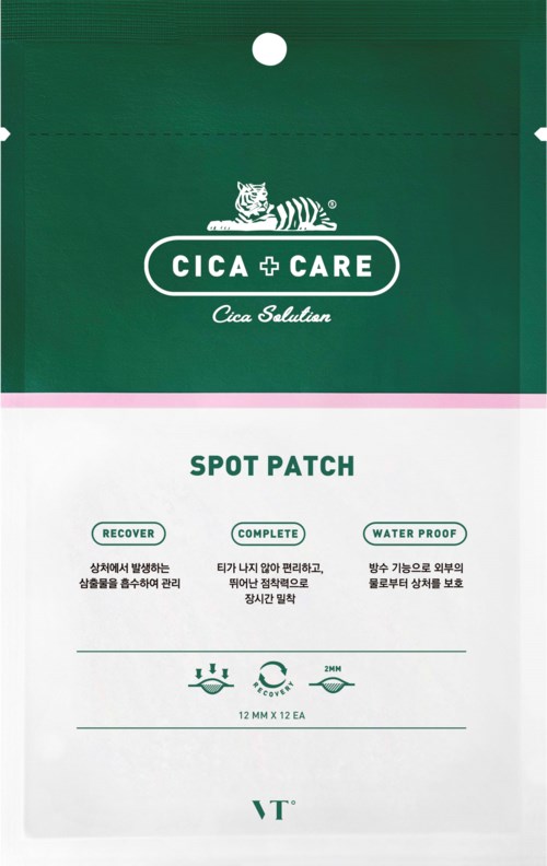 Groene en witte verpakking met een tijgerlogo, gemerkt 'CICA CARE SPOT PATCH' voor huidbehandeling. Bevat instructies en symbolen.