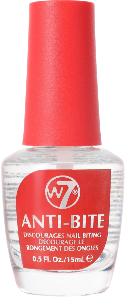 Rode dop nagelbijten behandeling vloeistof in doorzichtige fles met wit en rood label.