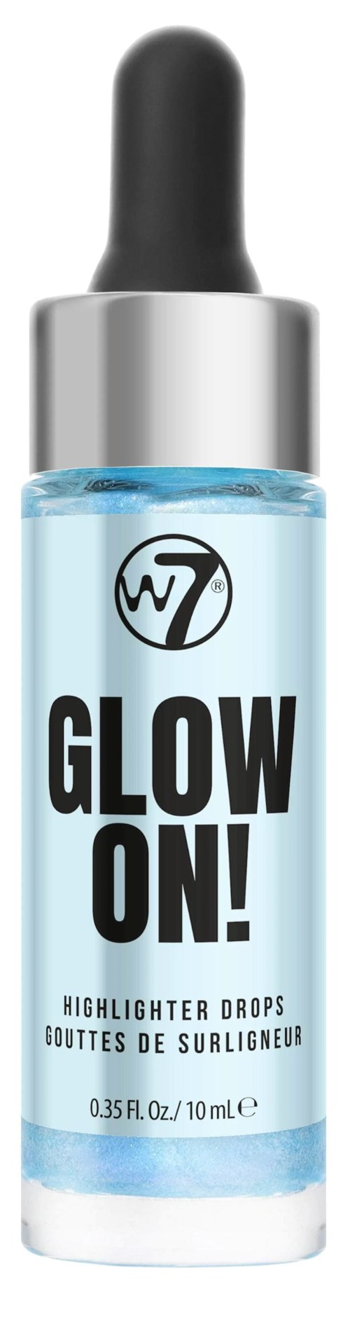 Een kleine fles met druppeldop, bevat blauwe vloeistof, weergegeven met 'Glow On!'. Het is een highlighter.