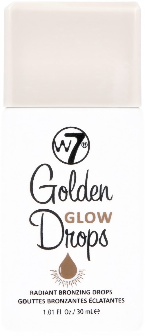 Valkoinen laatikko, jossa musta ja ruskea teksti lukee 'Golden Glow Drops' ja ruskea pisara-ikoni solarium- tai ihonparannustarkoitukseen.